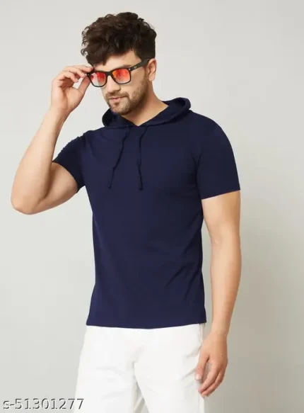 Rodzen Men's Solid Hood Navy Blue Tshirts